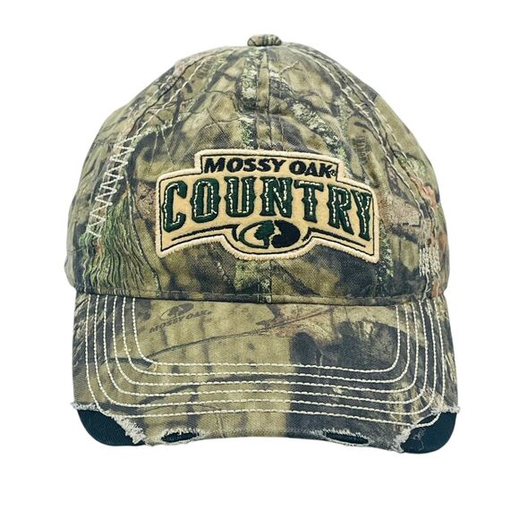 Mossy Oak Country Camouflage Distressed Adjustable Strapback Hat - Picture 1 of 5